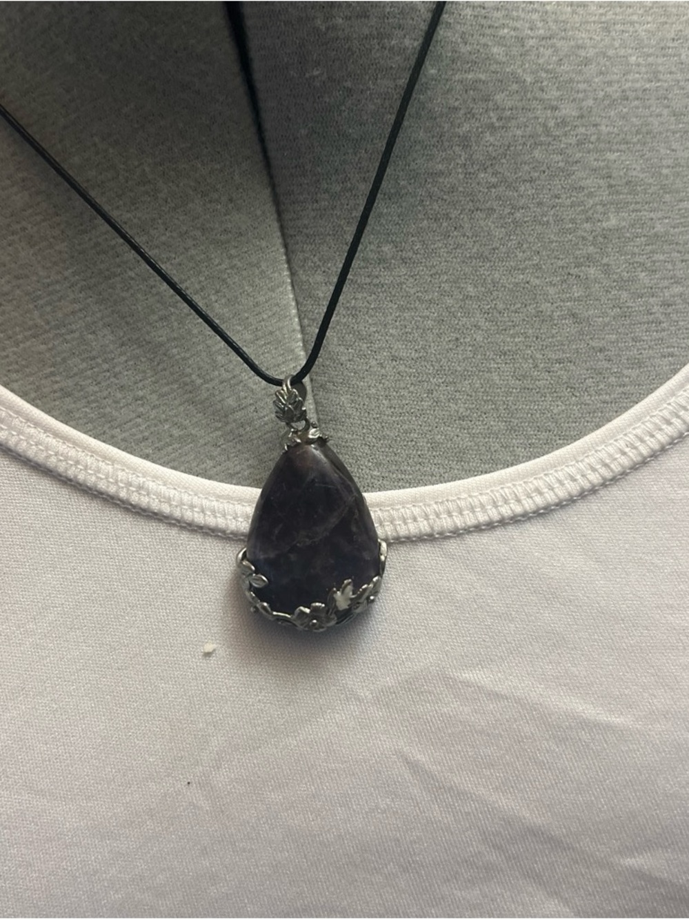 Amethyst Teardrop Pendant Necklace - Purple Stone on Black Cord